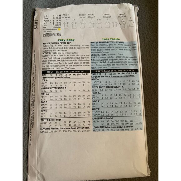 Butterick 5487 Fast & Easy Sewing Pattern Misses Shirt Size 12 14 16 1998 - Picture 2 of 2